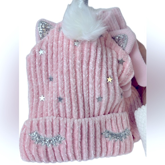 NWT Pink Sparkle Unicorn Adorable 3 piece set chenille beanie, scarf and gloves - Picture 4 of 13